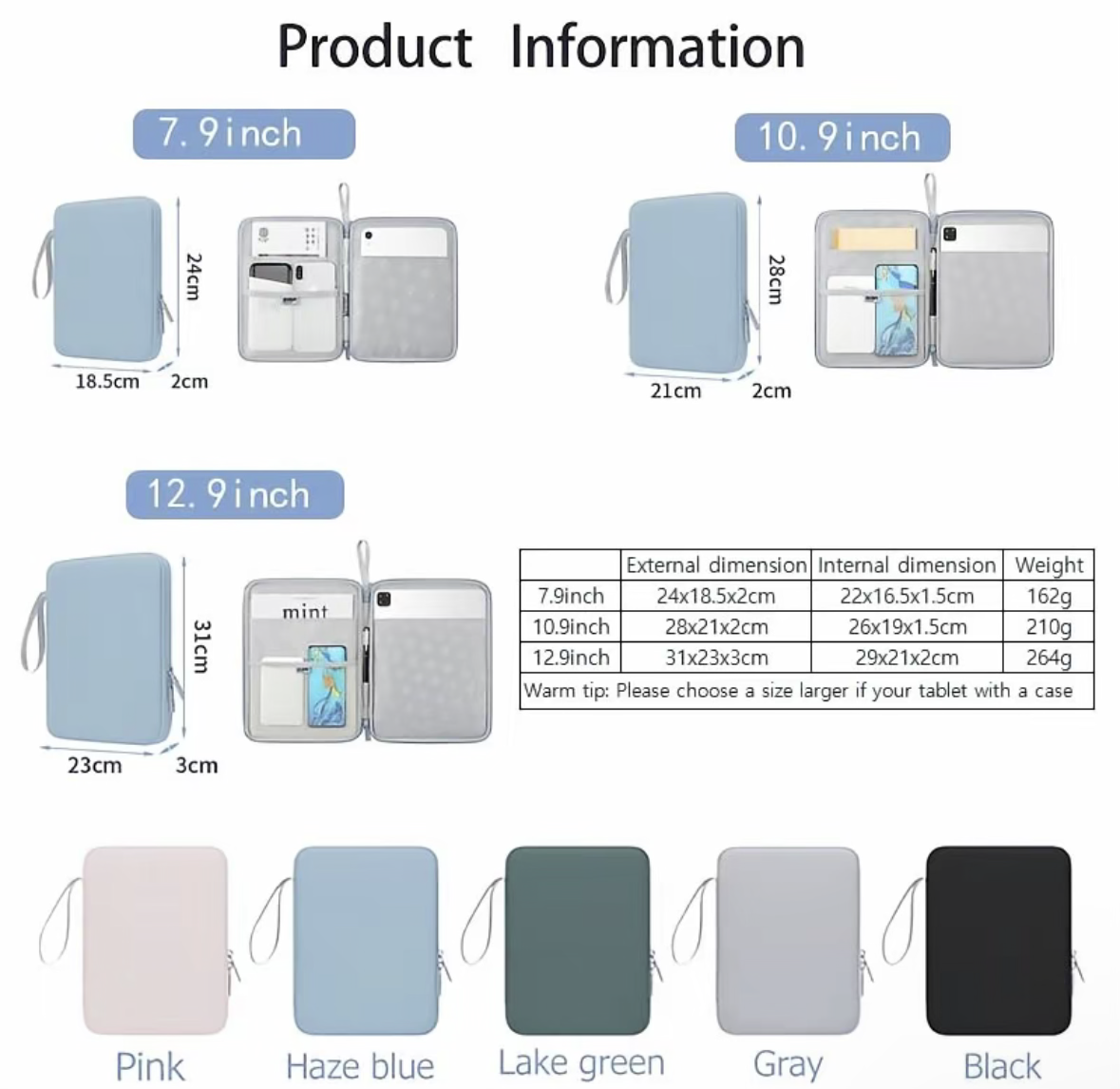 Tablet Sleeve for iPad/Huawei/Xiaomi/Lenovo (7.9-14") Shock proof and Multi-Pocket water resistant PU Leather case